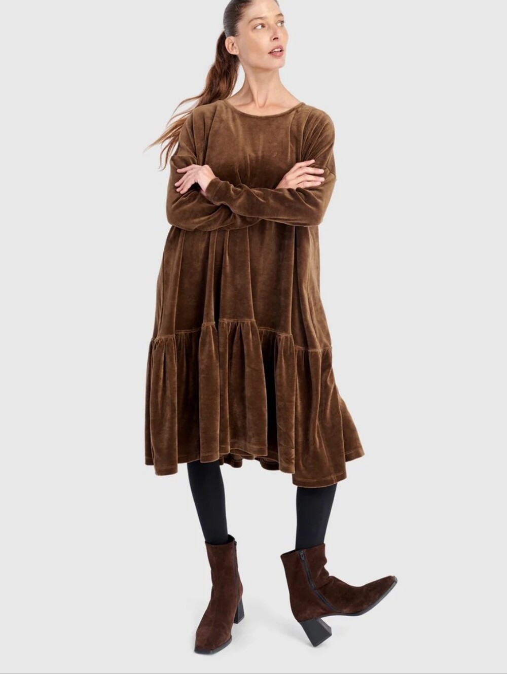 Urban Alembike Luxury Oversized Relaxed Brown Velvet Long Sleeve Dress